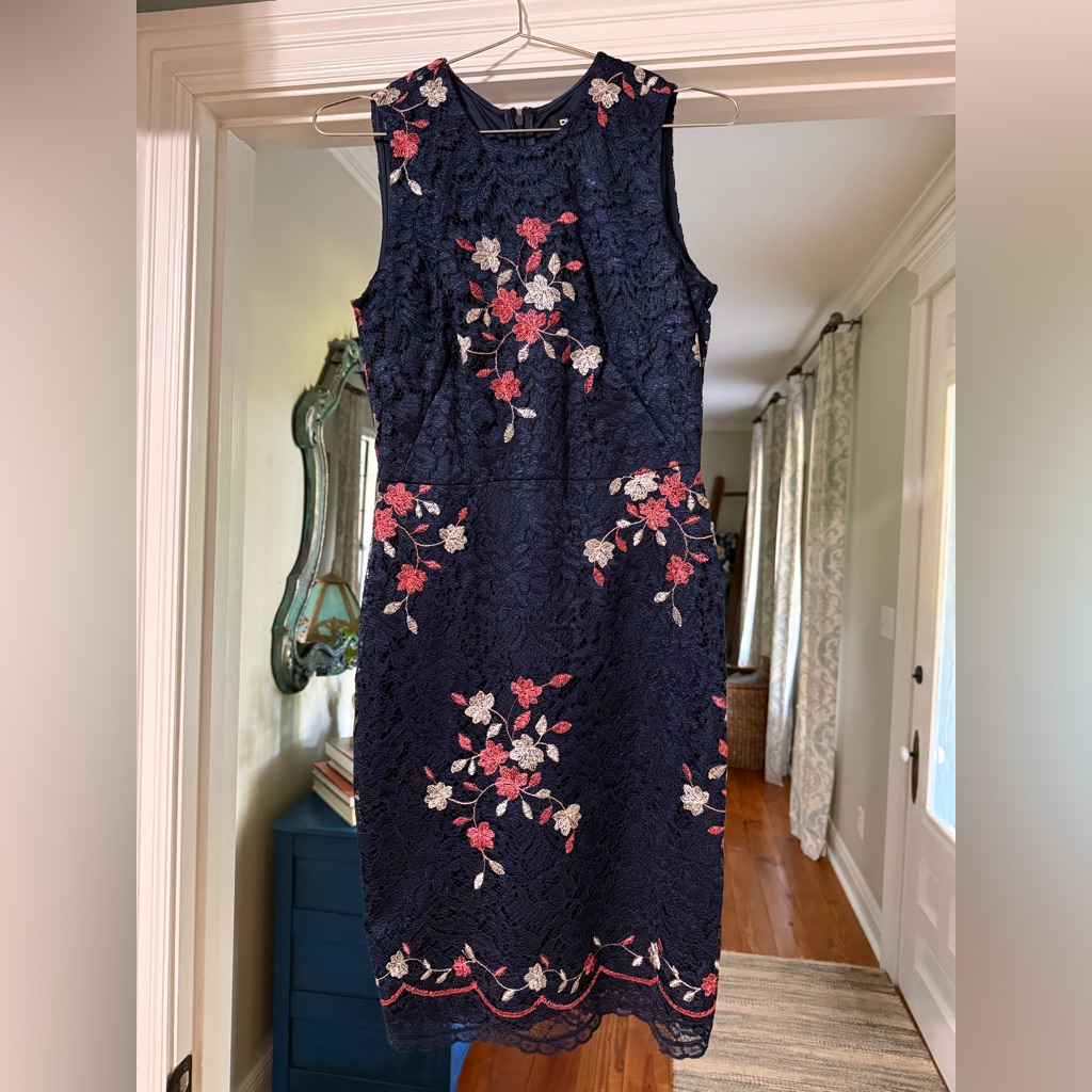 Dkny Navy Lace Midi Dress With Pink And Cream Floral Embroidery